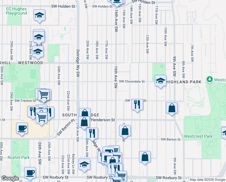 map of restaurants, bars, coffee shops, grocery stores, and more near 8612 16th Avenue Southwest in Seattle