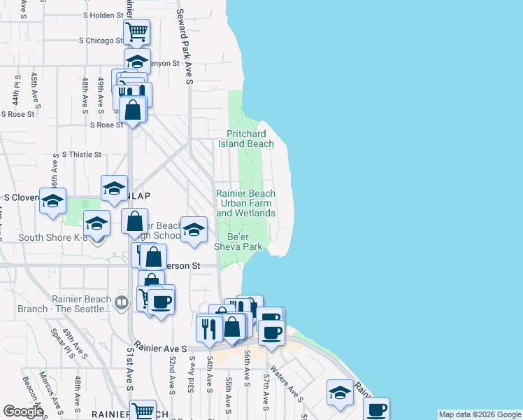map of restaurants, bars, coffee shops, grocery stores, and more near 5513 South Cloverdale Street in Seattle