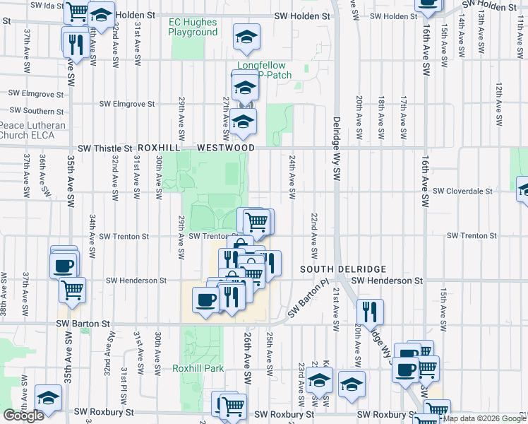 map of restaurants, bars, coffee shops, grocery stores, and more near 8627 25th Avenue Southwest in Seattle