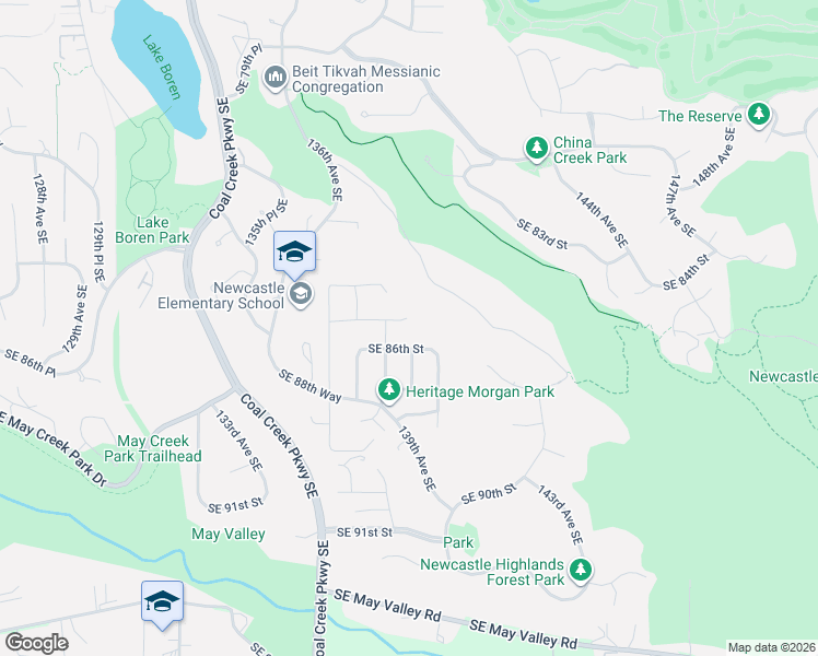 map of restaurants, bars, coffee shops, grocery stores, and more near 13825 Southeast 85th Street in Newcastle