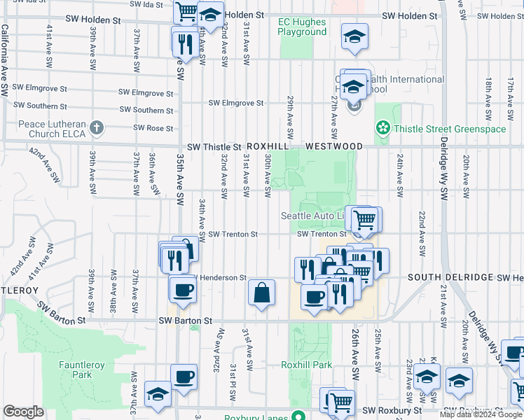 map of restaurants, bars, coffee shops, grocery stores, and more near 8627 30th Avenue Southwest in Seattle