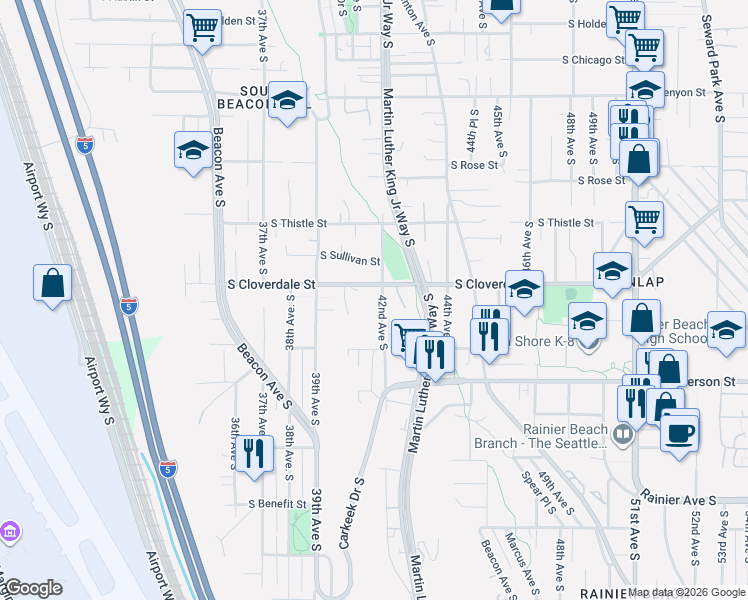 map of restaurants, bars, coffee shops, grocery stores, and more near 8613 42nd Avenue South in Seattle