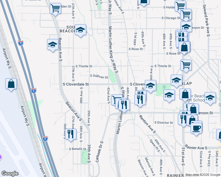 map of restaurants, bars, coffee shops, grocery stores, and more near 8612 42nd Avenue South in Seattle