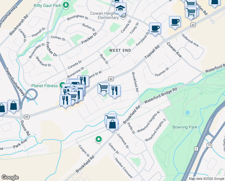 map of restaurants, bars, coffee shops, grocery stores, and more near 50 Lester Street in St. John's