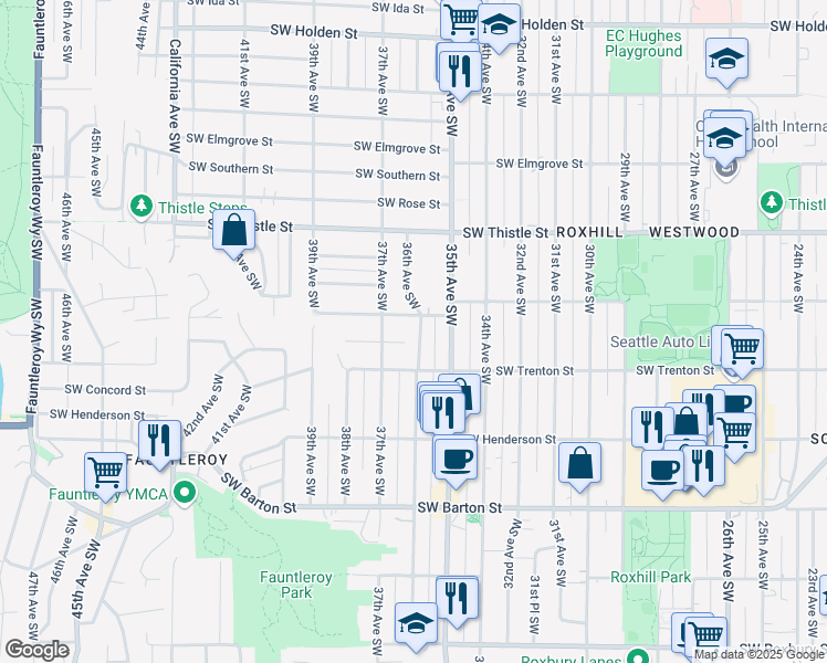 map of restaurants, bars, coffee shops, grocery stores, and more near 8613 36th Avenue Southwest in Seattle