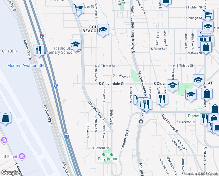 map of restaurants, bars, coffee shops, grocery stores, and more near 3807 South Cloverdale Street in Seattle