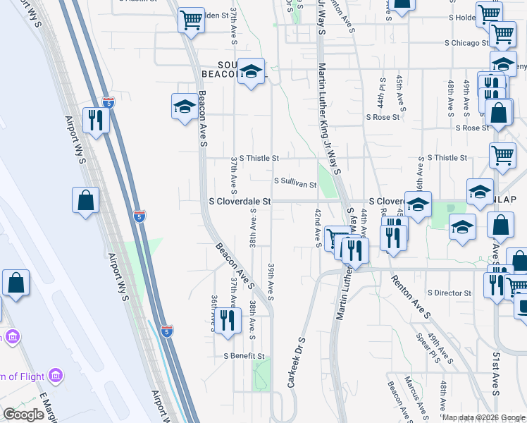map of restaurants, bars, coffee shops, grocery stores, and more near 3807 South Cloverdale Street in Seattle