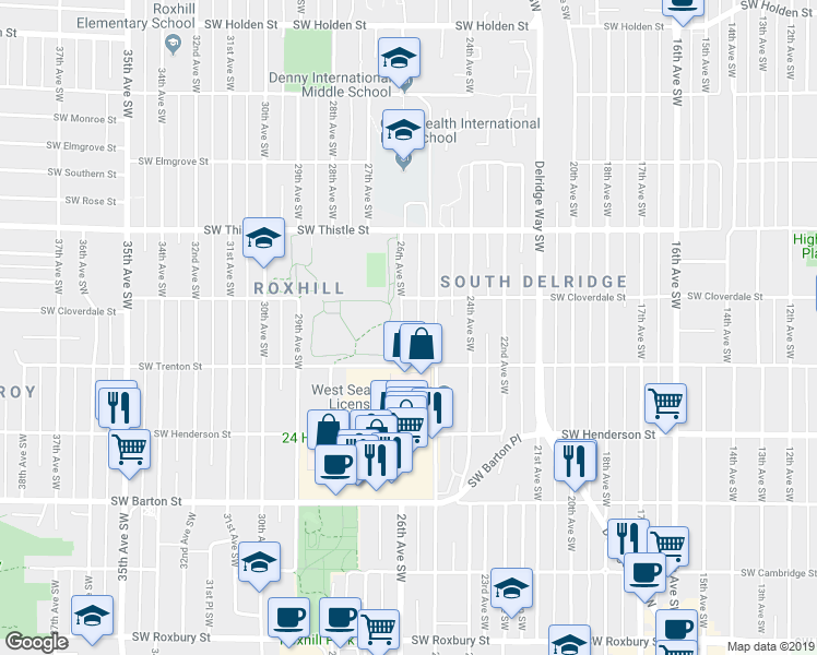 map of restaurants, bars, coffee shops, grocery stores, and more near 8614 26th Avenue Southwest in Seattle