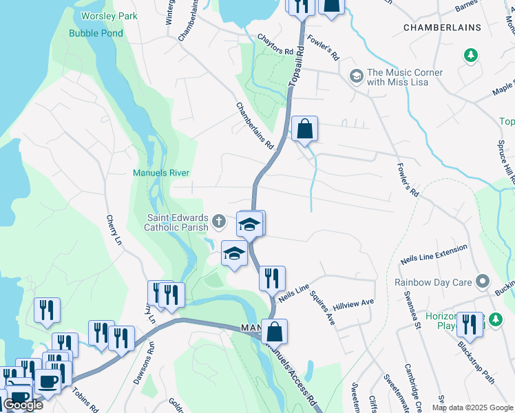 map of restaurants, bars, coffee shops, grocery stores, and more near 2661 Topsail Road in Conception Bay South