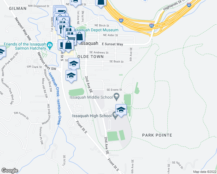 map of restaurants, bars, coffee shops, grocery stores, and more near 455 Southeast Evans Lane in Issaquah
