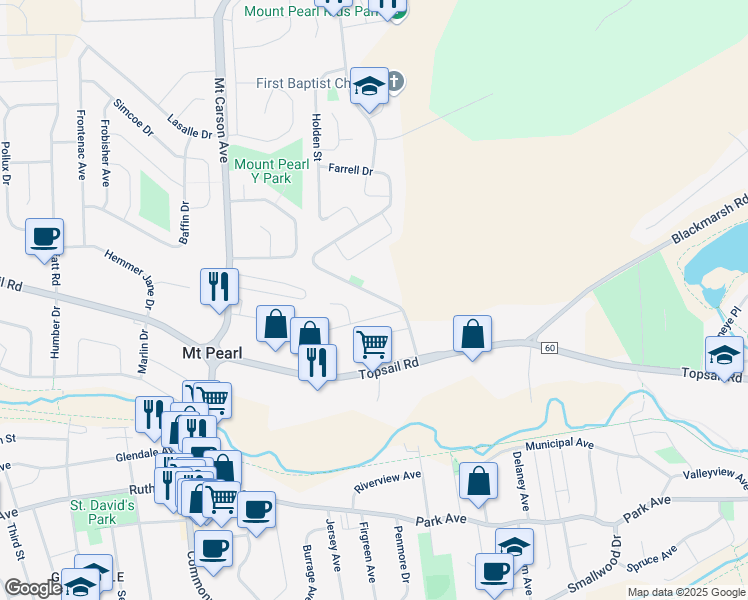 map of restaurants, bars, coffee shops, grocery stores, and more near 1 Farrell Drive in Mount Pearl