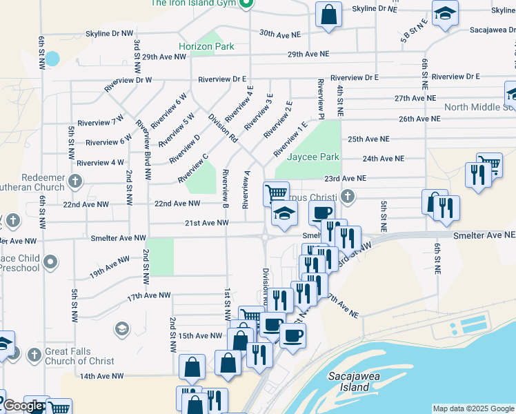 map of restaurants, bars, coffee shops, grocery stores, and more near 30 Division Road in Great Falls