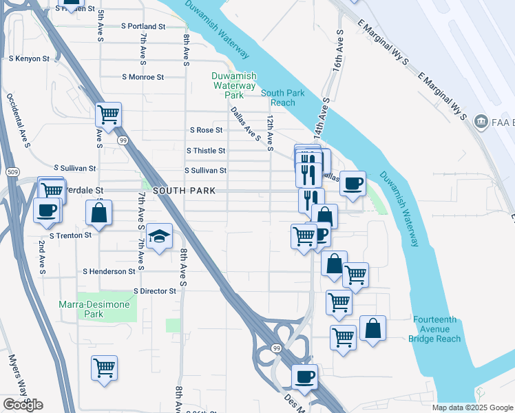 map of restaurants, bars, coffee shops, grocery stores, and more near 1025 South Cloverdale Street in Seattle