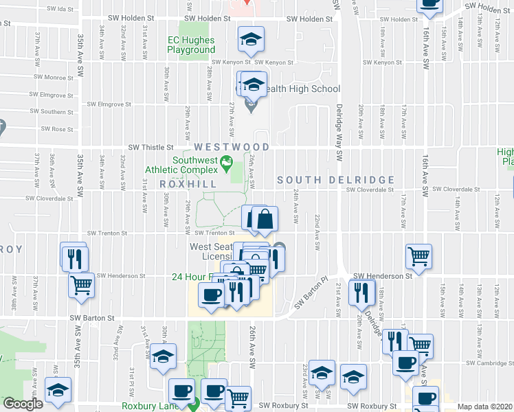 map of restaurants, bars, coffee shops, grocery stores, and more near 8614 26th Avenue Southwest in Seattle