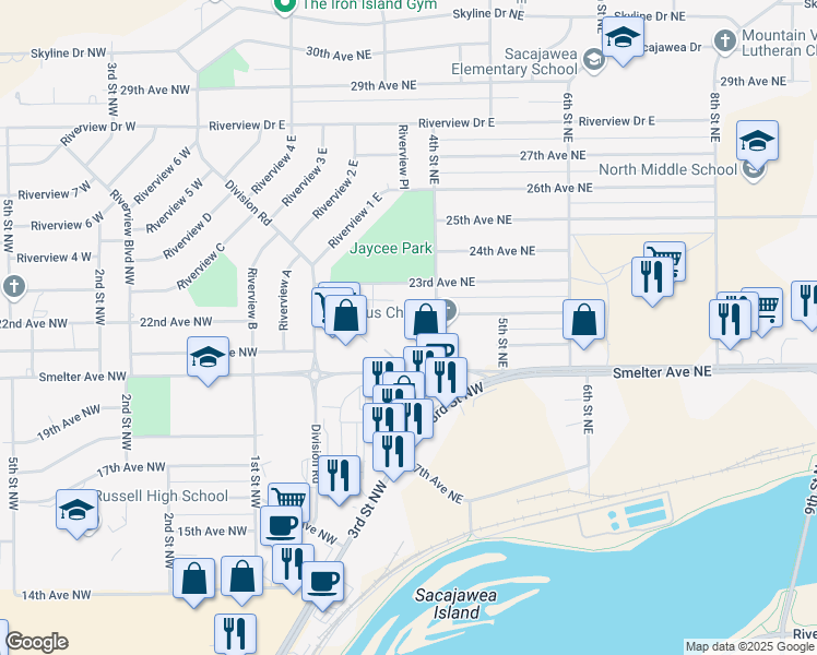map of restaurants, bars, coffee shops, grocery stores, and more near 2108 4th Street Northeast in Great Falls