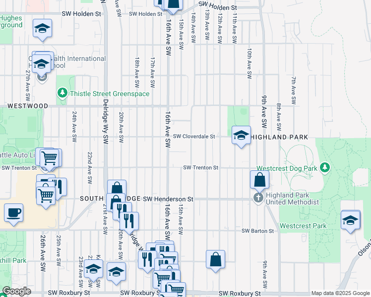 map of restaurants, bars, coffee shops, grocery stores, and more near 1408 Southwest Donovan Street in Seattle
