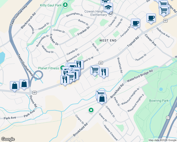 map of restaurants, bars, coffee shops, grocery stores, and more near 637 Topsail Road in St. John's