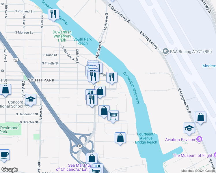 map of restaurants, bars, coffee shops, grocery stores, and more near 1450 South Donovan Street in Seattle