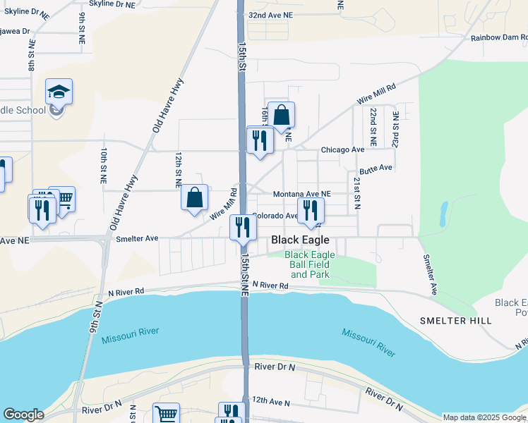 map of restaurants, bars, coffee shops, grocery stores, and more near 1515 Colorado Avenue Northeast in Black Eagle