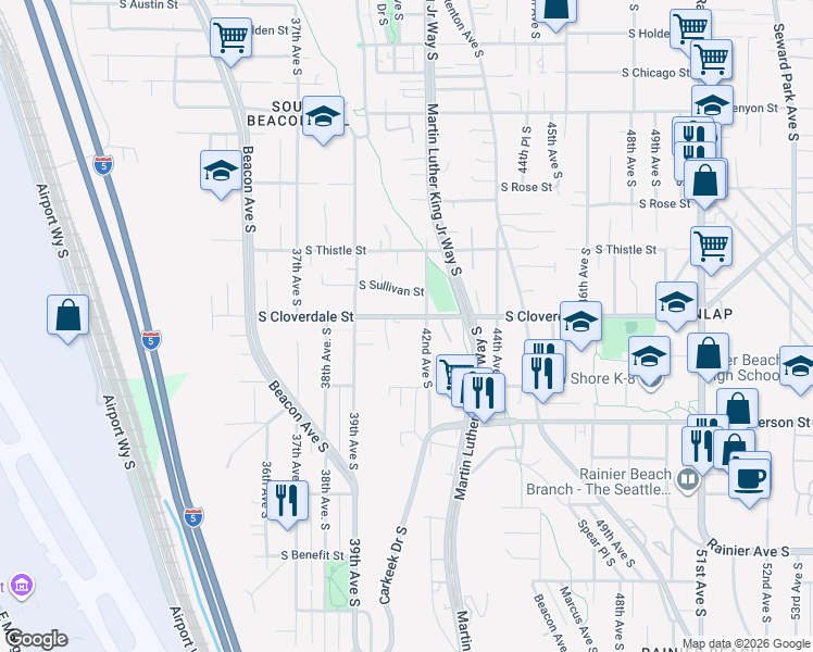 map of restaurants, bars, coffee shops, grocery stores, and more near 3965 South Cloverdale Street in Seattle