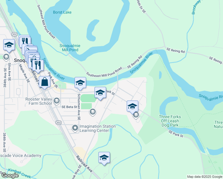 map of restaurants, bars, coffee shops, grocery stores, and more near 39532 Southeast Park Street in Snoqualmie