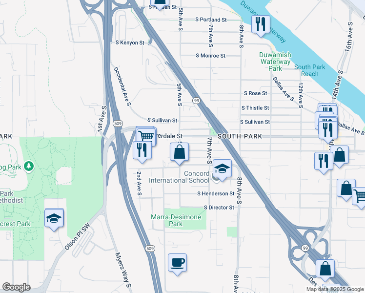 map of restaurants, bars, coffee shops, grocery stores, and more near 502 South Donovan Street in Seattle