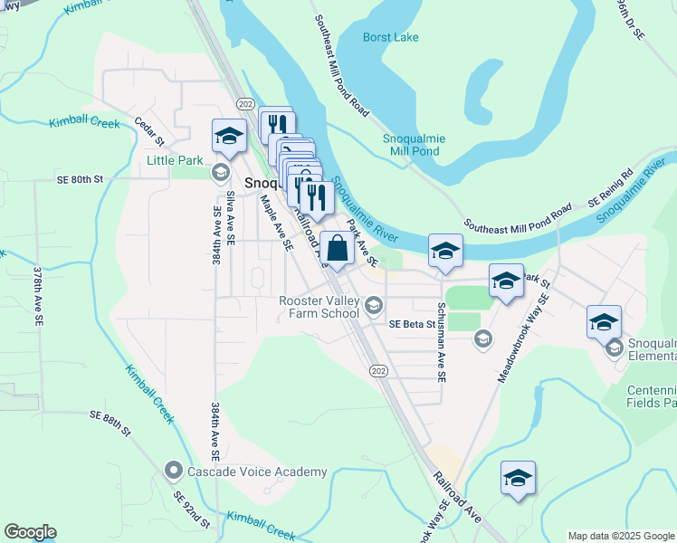 map of restaurants, bars, coffee shops, grocery stores, and more near 8300 Railroad Avenue in Snoqualmie