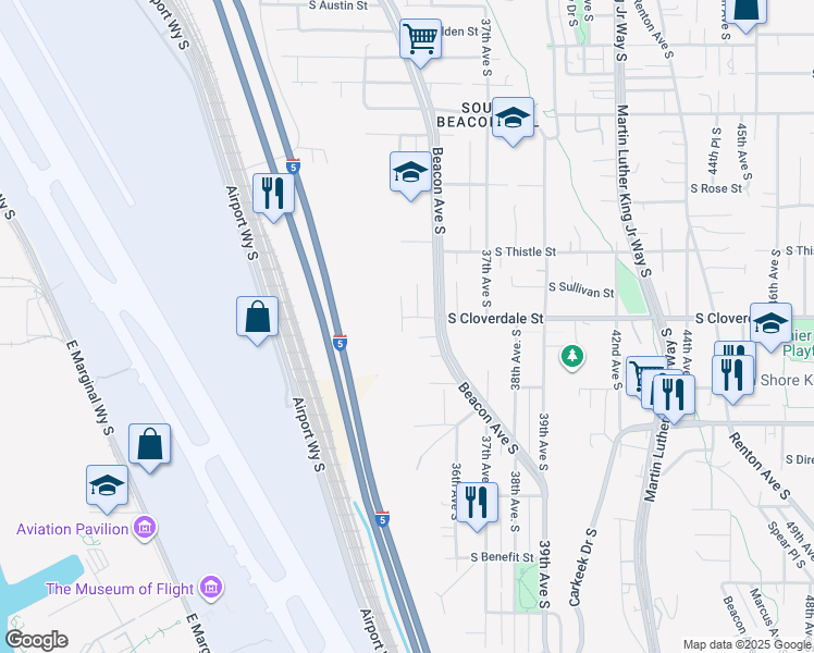 map of restaurants, bars, coffee shops, grocery stores, and more near 8602 34th Avenue South in Seattle