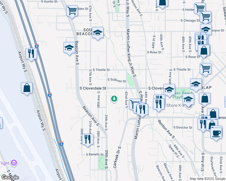 map of restaurants, bars, coffee shops, grocery stores, and more near 3917 South Cloverdale Street in Seattle