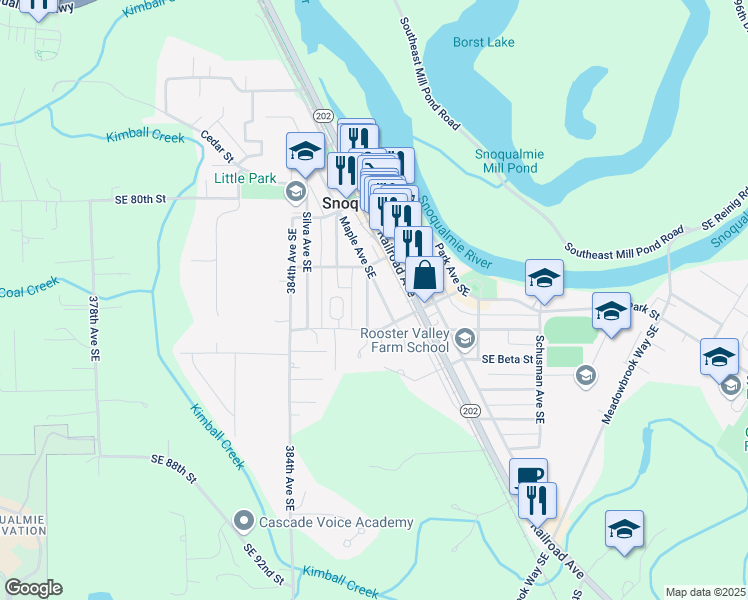 map of restaurants, bars, coffee shops, grocery stores, and more near 8323 Doone Avenue Southeast in Snoqualmie