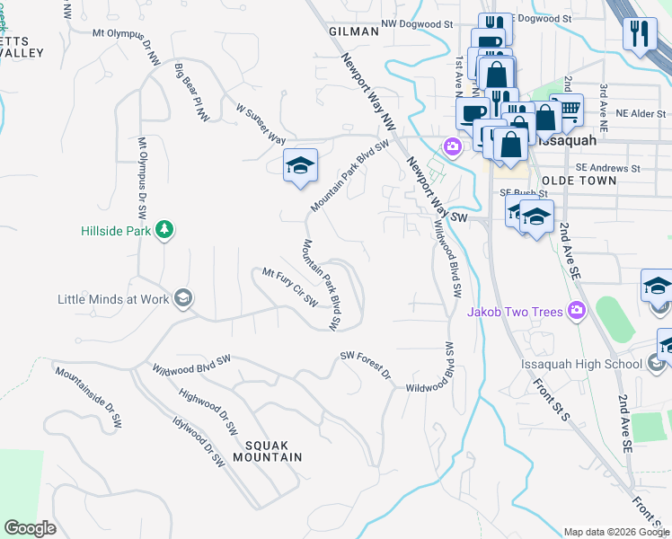 map of restaurants, bars, coffee shops, grocery stores, and more near 405 Mountain Park Boulevard SouthWest in Issaquah