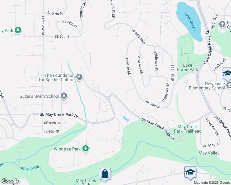 map of restaurants, bars, coffee shops, grocery stores, and more near 12601 Southeast 85th Place in Newcastle