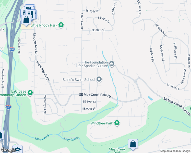 map of restaurants, bars, coffee shops, grocery stores, and more near 8602 117th Avenue Southeast in Newcastle