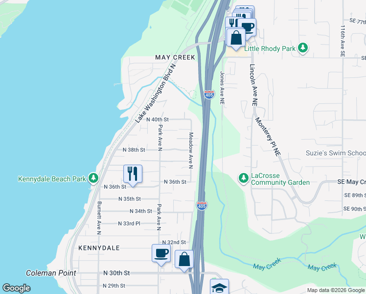 map of restaurants, bars, coffee shops, grocery stores, and more near 1426 North 38th Street in Renton