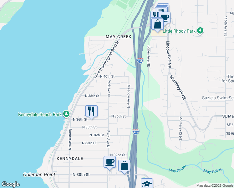 map of restaurants, bars, coffee shops, grocery stores, and more near 1320 North 38th Street in Renton