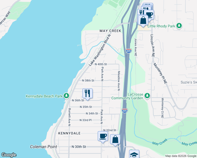 map of restaurants, bars, coffee shops, grocery stores, and more near 3805 Park Avenue North in Renton