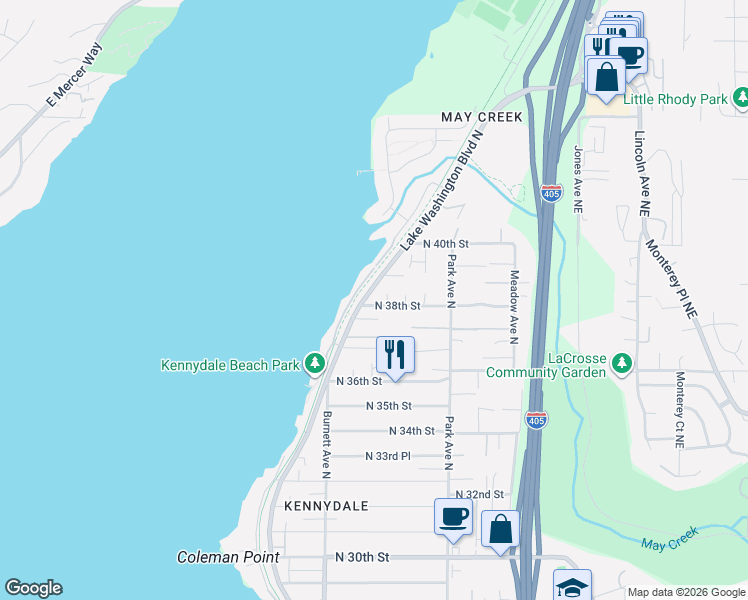 map of restaurants, bars, coffee shops, grocery stores, and more near 1030 North 38th Street in Renton