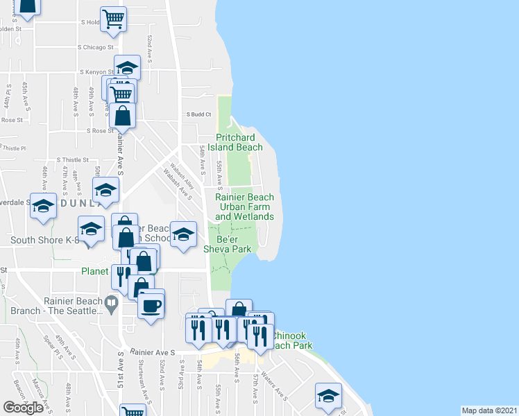 map of restaurants, bars, coffee shops, grocery stores, and more near 5513 South Cloverdale Street in Seattle