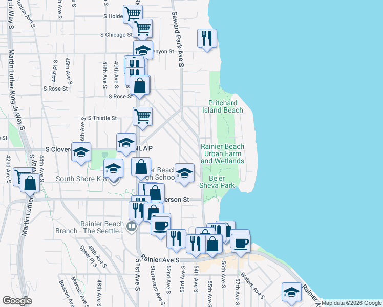 map of restaurants, bars, coffee shops, grocery stores, and more near 8640 Wabash Avenue South in Seattle