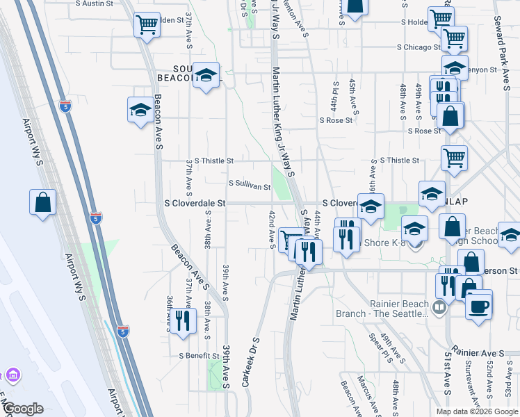map of restaurants, bars, coffee shops, grocery stores, and more near 3965 South Cloverdale Street in Seattle