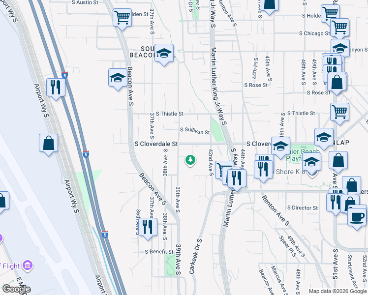 map of restaurants, bars, coffee shops, grocery stores, and more near 3917 South Cloverdale Street in Seattle