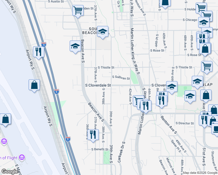 map of restaurants, bars, coffee shops, grocery stores, and more near 3807 South Cloverdale Street in Seattle