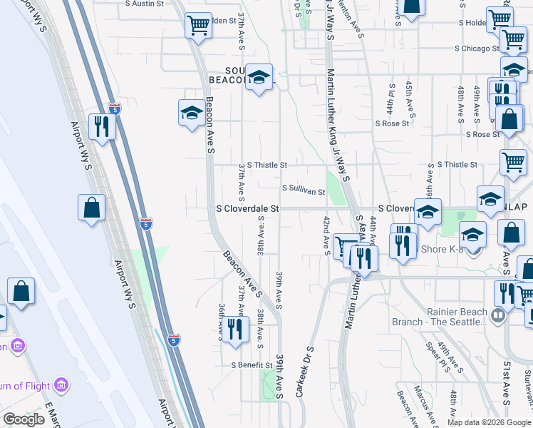 map of restaurants, bars, coffee shops, grocery stores, and more near 3807 South Cloverdale Street in Seattle