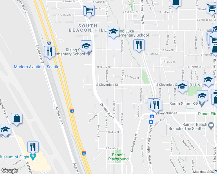 map of restaurants, bars, coffee shops, grocery stores, and more near 3637 South Cloverdale Street in Seattle