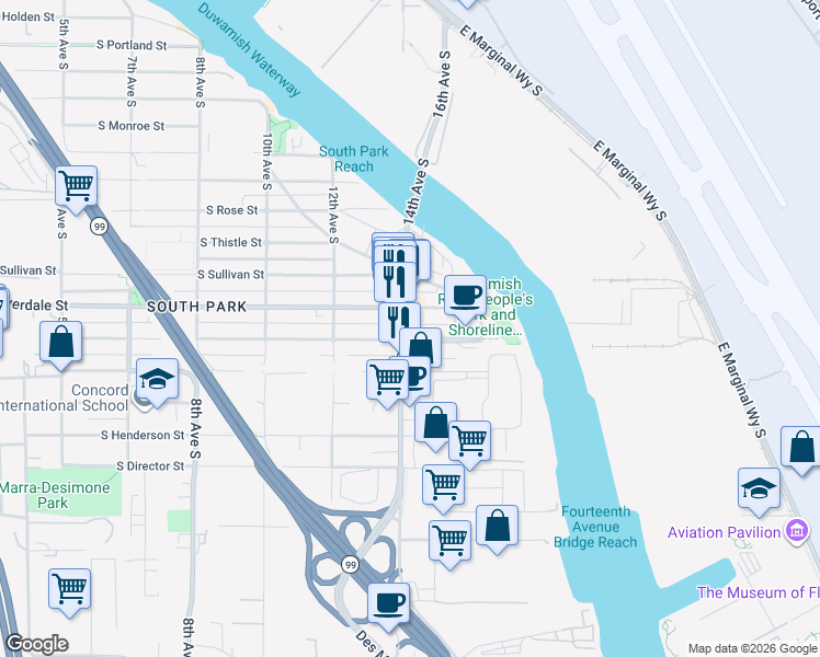 map of restaurants, bars, coffee shops, grocery stores, and more near 8616 14th Avenue South in Seattle