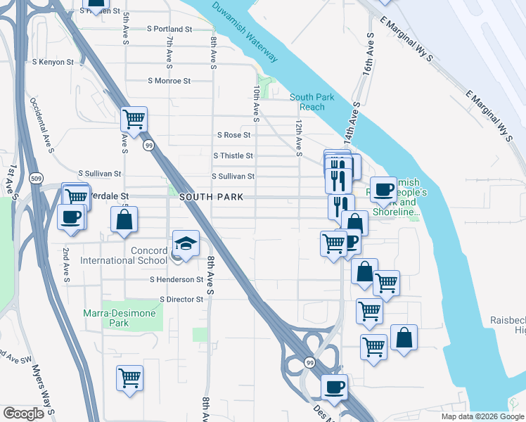 map of restaurants, bars, coffee shops, grocery stores, and more near 8617 10th Avenue South in Seattle