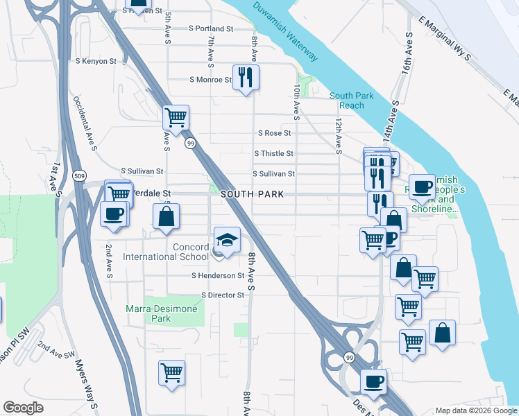 map of restaurants, bars, coffee shops, grocery stores, and more near 827 South Cloverdale Street in Seattle