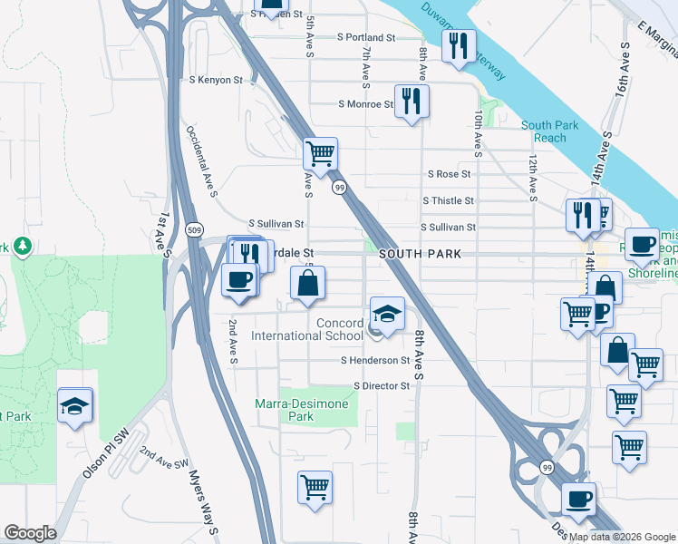 map of restaurants, bars, coffee shops, grocery stores, and more near 538 South Donovan Street in Seattle