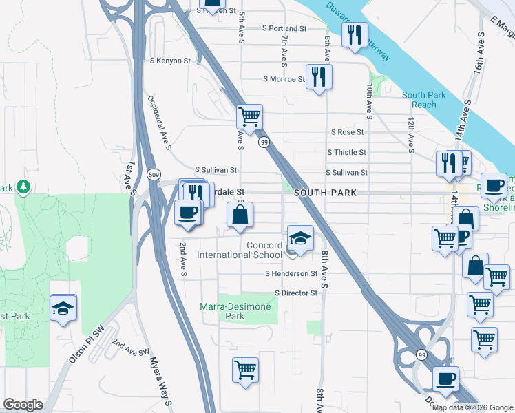map of restaurants, bars, coffee shops, grocery stores, and more near 538 South Donovan Street in Seattle
