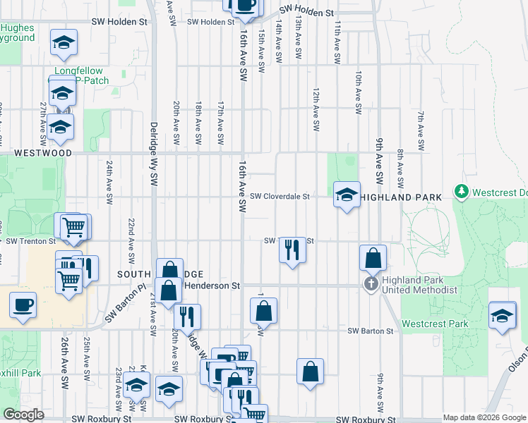 map of restaurants, bars, coffee shops, grocery stores, and more near 1408 Southwest Donovan Street in Seattle